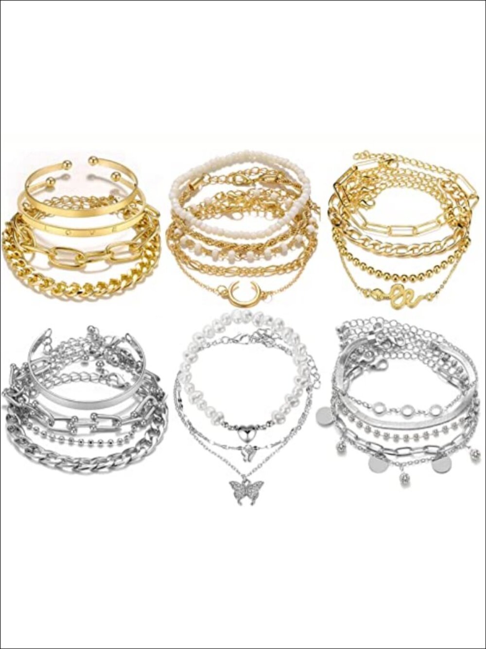 Gold Silver Stackable Bracelet Set Chunky Link Alloy Hypoallergenic Gift